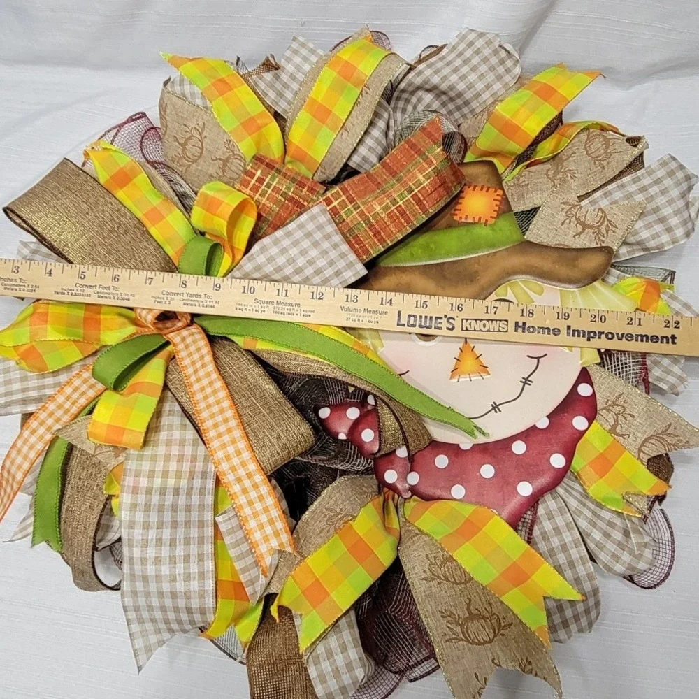 Fall Scarecrow Wreath Autumn Front Door Decor Burlap Gingham  Thanksgiving